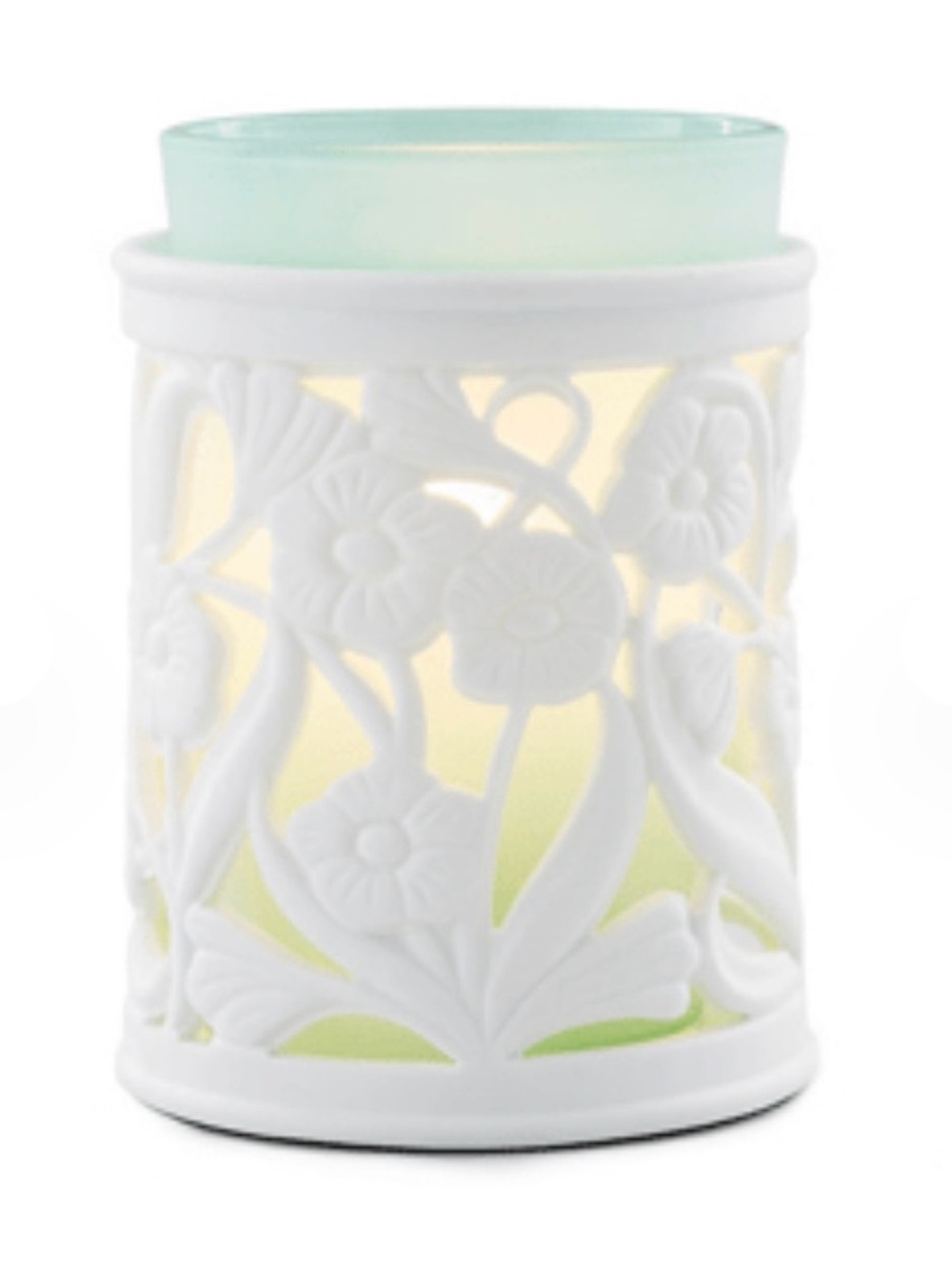 BRAND NEW White Floral Ceramic “Entwine” Wax Warmer w/ Teal Sleeve